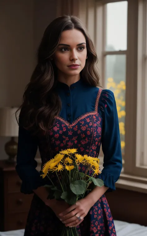 cinematic film still A portrait of a woman standing on the bed, her head propped on her hand, with rich brunette hair and subtle highlights. Her hazel eyes are accentuated with natural makeup. She is dressed in a dark dress adorned with a small, light floral pattern. In the foreground, yellow dandelions are scattered on a textured white surface, adding a splash of color to the composition. . shallow depth of field, vignette, highly detailed, high budget, bokeh, cinemascope, moody, epic, gorgeous, film grain, grainy