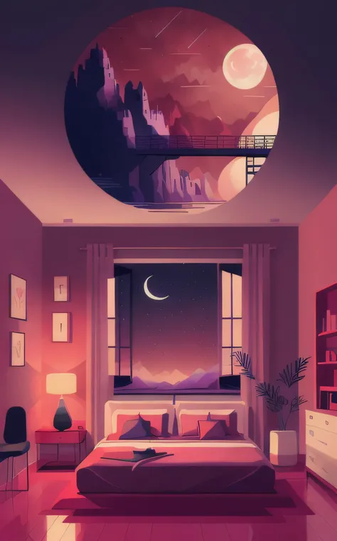 concept art inside of a bedroom, (red sky)(purple moon)
 <lora:flat illustration:1> flat  . digital artwork, illustrative, painterly, matte painting, highly detailed