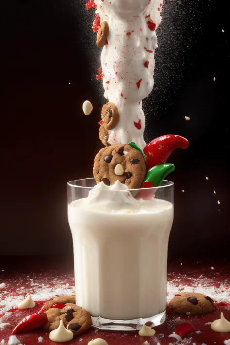 professional 3d model milk splash with submerged American cookies, milk chili chocolate chip cookie, white chocolate cookie with chili flakes, creative ad photography, crumbs, red background, glistening with deliciousness, tasty melt, mouthwatering, chilis, hot chilis, red and white and brown, warm atmosphere, 200 mm lens, close up shot, sharp focus, huge liquid splash, wallpaper, cinematic, epic scale, volumetric lighting, ultra wide angle, intricate details, vibrant colors, complex masterwork by head of prompt engineering, . octane render, highly detailed, volumetric, dramatic lighting