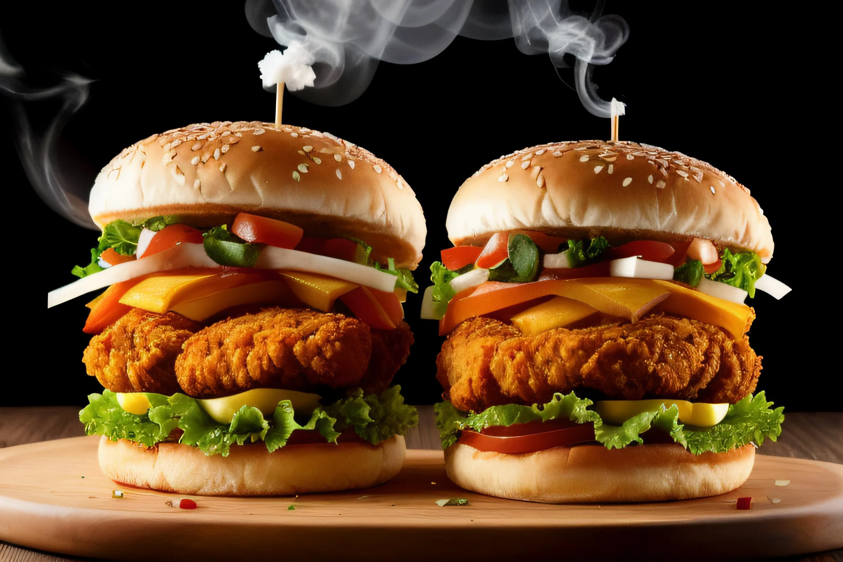 Food photography style kfc chicken burger, dark background, quality photo, fried chicken, studio photo, smoke
. Appetizing, professional, culinary, high-resolution, commercial, highly detailed