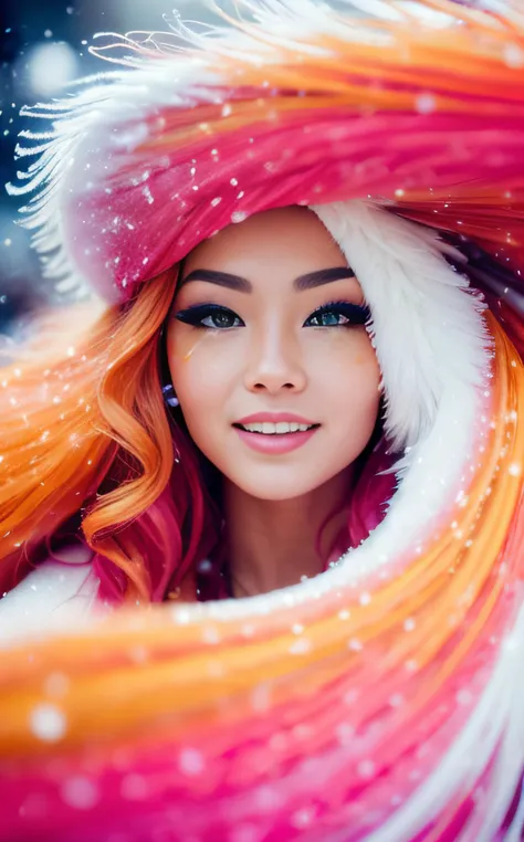 analog film photo masterpiece, best quality, 1girl, smile, golden and orange swirling vortexes colourful cloudy and smoke and colorful background, (snowing) (( swirling vortexes colourful hair)), wear white fur coat, ((long Hair)), ((right side)), emotional face, close up, studio light, studio, (((makeup portrait, pink eye shadow))), ((with many golden and orange swirling vortexes colourful snow and feather on face))
. faded film, desaturated, 35mm photo, grainy, vignette, vintage, Kodachrome, Lomography, stained, highly detailed, found footage
