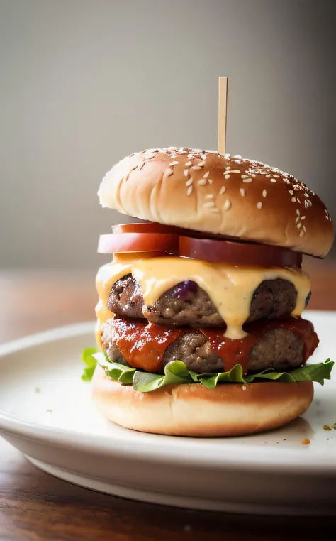 cinematic film still Homemade burger, home, cozy, happy, . shallow depth of field, vignette, highly detailed, high budget, bokeh, cinemascope, moody, epic, gorgeous, film grain, grainy