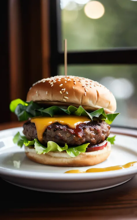 cinematic film still Sause, Homemade burger, home, cozy, happy, . shallow depth of field, vignette, highly detailed, high budget, bokeh, cinemascope, moody, epic, gorgeous, film grain, grainy