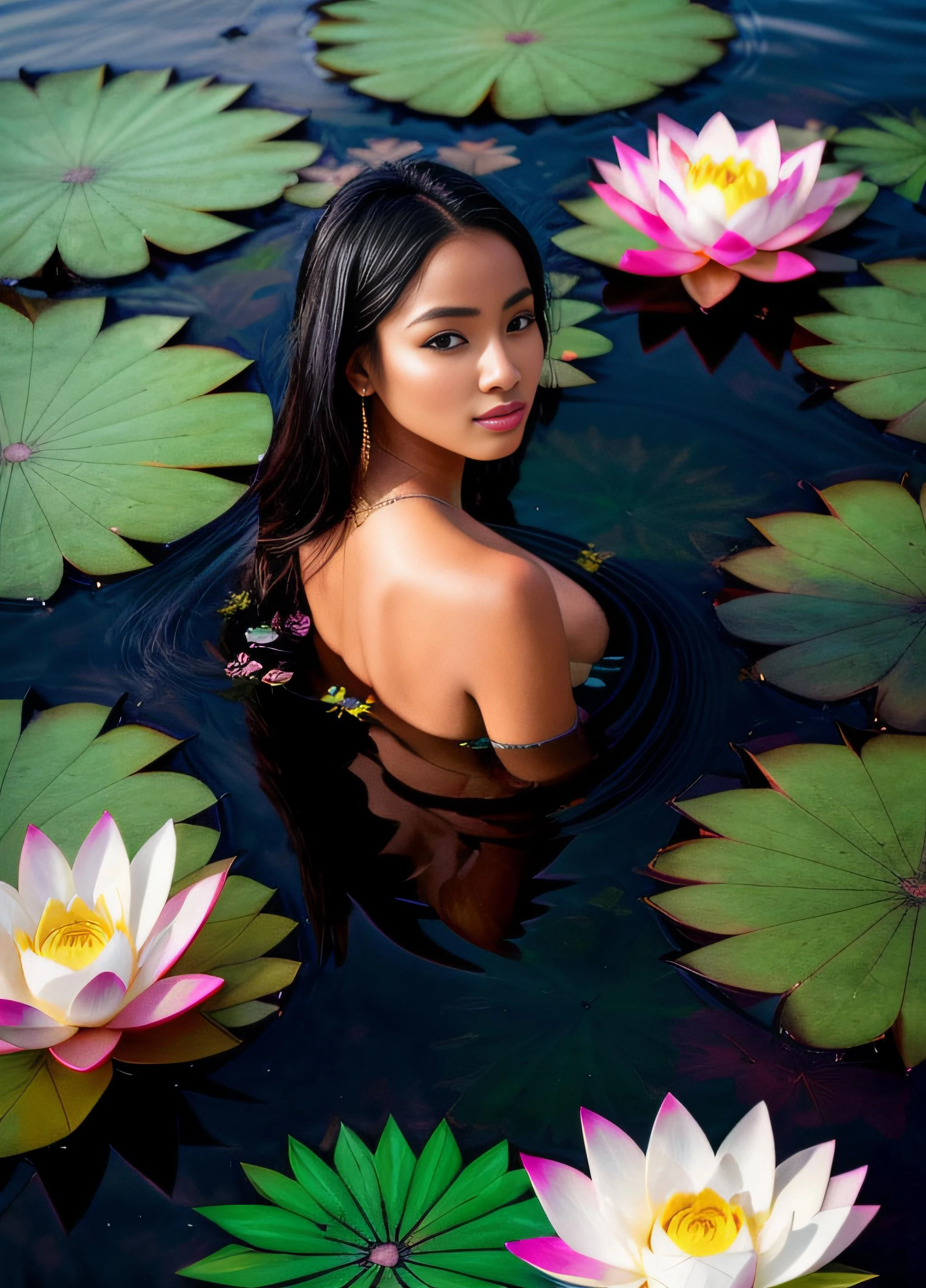 aoyem, The woman's beauty can be enhanced by the reflection of the lotus flowers in the water. The vibrant colors of the lotus flowers can also add to the beauty of the scene, creating a harmonious blend of colors, RAW photo,(high detailed skin:1.2), 8k uhd, dslr, soft lighting, high quality, film grain, photorealistic, <lora:add_detail:1> <lora:epiNoiseoffset_v2:1>