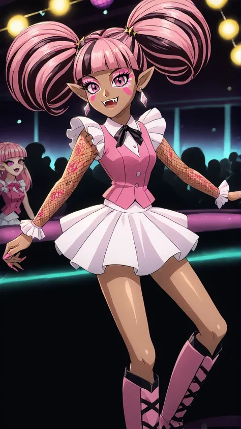 <lora:Manba_XL:0.8> Gyaru, Ganguro, Yamanba, dark skin, makeup, (facepaint:0.6), fake nails, nail polish, tattoos, <lora:RealisticAnime:0.8> (ultra realistic, 32k, masterpiece:1.2), (high detailed skin:1.1), (high quality:1.1), bokeh, luminescent background, <lora:Draculaura_P1:0.6> draculaura, solo, twintails, multiclored hair, pink hair, black hair, pink eyes, pointy ears, earrings, fishnet sleeves, frilled sleeves, long sleeves, blunt bangs, monster high, pink vest, white skirt, pink knee boots, (fangs:1.15), nightclub, disco ball, colorful lights, dancing,, score 9, score 8 up, score 7 up, score 6 up, score 5 up, score 4 up, BREAK,