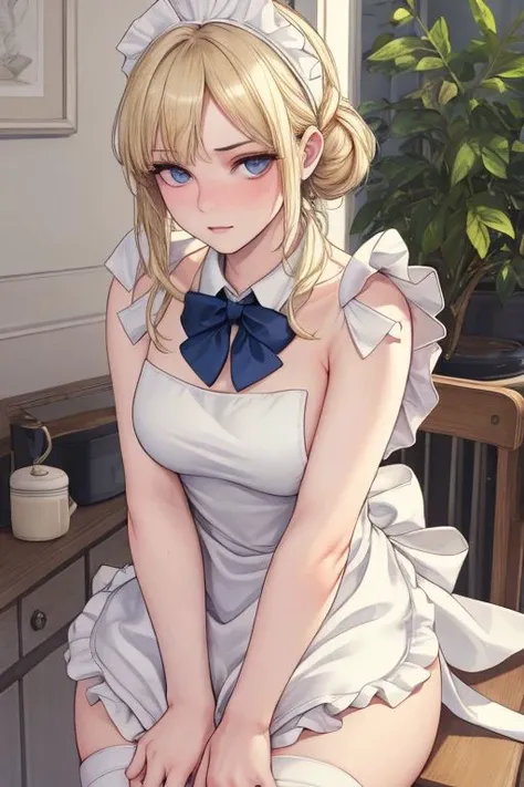 (masterpiece), (hyperrealistic), Pure face:1.3, (ringed eyes), Sexy face:1.1,Top quality:1.1, Fine face:1.1, beautiful detailed eyes, Fine eyes:1.1, 1woman, (sideburns:1.3), blond hair, chignon, (leaning_forward), (hands between legs), embarrassed, (naked apron:1.5), (bow tie), cleavage, small breasts,