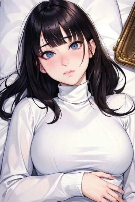 (masterpiece), (hyperrealistic),Pure face:1.3, perfect eyes, Top quality:1.1, Fine face:1.1, Fine eyes:1.1, mature female, beautiful:1.1, (1woman), Lighting, (by Kentaro Yabuki), (embarrassed:1.2), (blunt bangs, sideburns), (large breasts:1.2), (on back:1.4), black hair, ( Turtleneck :1.3), from above, (upper body:1.2),