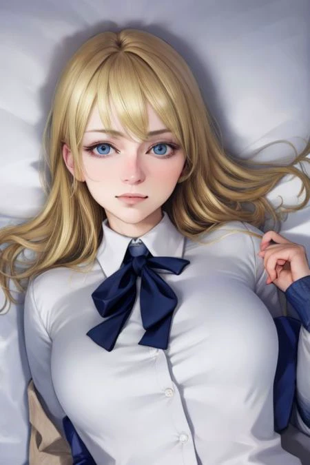 (masterpiece), (hyperrealistic),Pure face:1.3, perfect eyes, Sexy face:1.1,Top quality:1.1, Fine face:1.1, Fine eyes:1.1, mature female,beautiful:1.1,1woman, (by Kohei Horikoshi), embarrassed, (on back:1.5), (arms down:1.4), blond hair, (sidelocks, blunt bangs),upper body, pov, BreastsApart, (collared shirt),