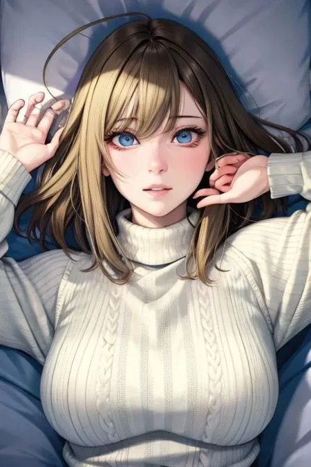 (masterpiece), (hyperrealistic),Pure face:1.3, perfect eyes, Top quality:1.1, Fine face:1.1, Fine eyes:1.1, mature female, beautiful:1.1, (1woman), Lighting, (by Kentaro Yabuki), (embarrassed:1.2), ( asymmetrical hair:1.3 ), (large breasts:1.2), (on back:1.4), black hair, ( V-neck sweater:1.3), from above, (upper body:1.2),