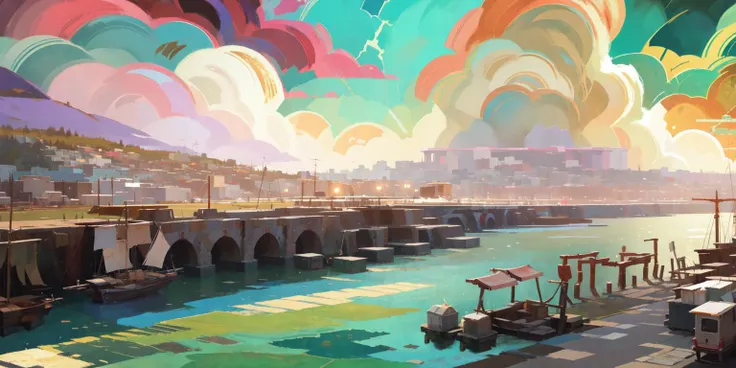 masterpiece, best quality, ZaUm, texture, outdoors, cityscapes, evening,
scenery, river, cliff, stones, <lora:DiscoElysium_v2:2>