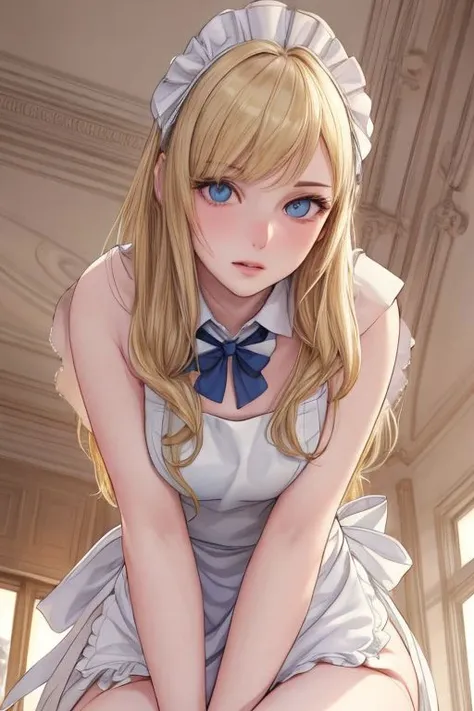 (masterpiece), (hyperrealistic), Pure face:1.3, (ringed eyes), Sexy face:1.1,Top quality:1.1, Fine face:1.1, beautiful detailed eyes, Fine eyes:1.1, 1woman, blond hair, (leaning_forward:1.3), (hands between legs:1.3), Sitting, embarrassed, (naked apron:1.5), (bow tie), (from below:1.5)
