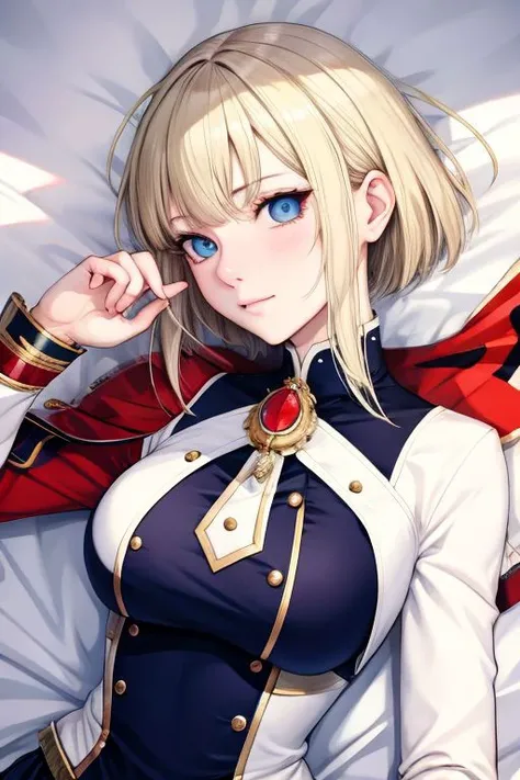 (masterpiece), (hyperrealistic),Pure face:1.3, perfect eyes, Top quality:1.1, Fine face:1.1, Fine eyes:1.1, mature female, beautiful:1.1, (1woman), Lighting, (by Kentaro Yabuki), (embarrassed:1.2), ( asymmetrical hair:1.3 ), (large breasts:1.2), (on back:1.4), black hair, ( Athletic trainer :1.3), from above, (upper body:1.2),
