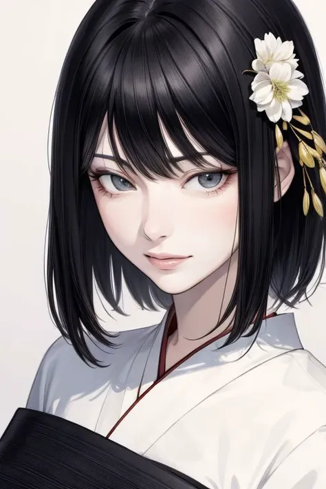 (masterpiece), (hyperrealistic),Pure face:1.3, Sexy face:1.1,Top quality:1.1, Fine face:1.1, Fine eyes:1.1, mature female,beautiful:1.1,1woman, embarrassed,(by Kentaro Yabuki),(by KMhei Horikoshi), (kimono),black hair,