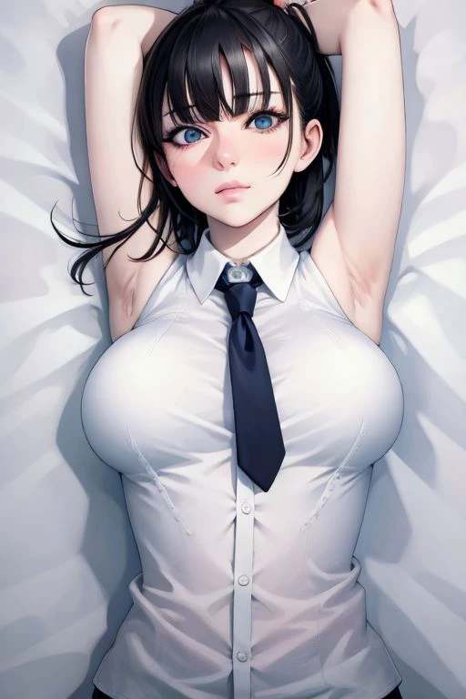 (masterpiece), (hyperrealistic),Pure face:1.3, perfect eyes, Top quality:1.1, Fine face:1.1, Fine eyes:1.1, mature female, beautiful:1.1, (1woman), Lighting,(by Kentaro Yabuki), embarrassed, (ponytail), (large breasts:1.4), (on back:1.2), black hair, (collared shirt:1.2), (upper body:1.2), (tie:1.3), BreastsApart, (white shirt), (sleeveless), (armpit), arms behind head, blunt bangs, bob cut,