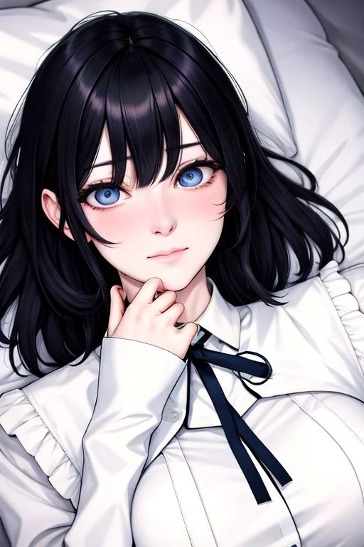 (masterpiece), (hyperrealistic),Pure face:1.3, perfect eyes, Top quality:1.1, Fine face:1.1, Fine eyes:1.1, mature female, beautiful:1.1, (1woman), Lighting, (by Kentaro Yabuki), (embarrassed:1.2), ( asymmetrical hair:1.3 ), (large breasts:1.2), (on back:1.4), black hair, ( Angel costume :1.3), from above, (upper body:1.2),