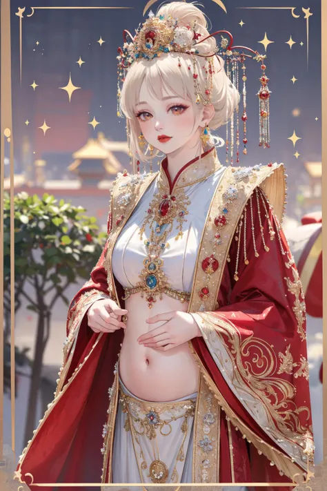 (masterpiece:1.5), (((top quality, best quality, high quality))), ((intricately detailed, ultra-detailed, insanely detailed)), highres, 32K, extremely detailed unity CG 8K wallpaper, (beautiful and aesthetic:1.2),, (depth of field:1.3), (immaculate:1.3), (delicate detailed depiction:1.4), (photorealistic:1.4), (surrealism:1.3), (critically acclaimed:1.4), (by world-renowned artist:1.4),
(((brilliant full natural lighting, luscious vibrant colors))), (ambient volumetric backlighting:1.5),  (illustration of an immensely beautiful woman:1.3),
(upper body:1.48), (perfectly centered:1.4), (natural willowy posture:1.5), (((dynamic pose, cinematic angle))),
(1milf:1.5), (solo:1.4), (exotic dancer:1.4),
beautiful gorgeous face, [(detailed face:1.2):0.2], bright eyes, pureerosface_v1, ulzzang-6500-v1.1,  (closed mouth:1.5), (red lips:1.4), (full lips:1.4),
attractive flawless body, (((pronounced feminine curves))), bright glistening skin, realistic skin, skin pores, (voluptuous:1.5), (((droopy belly, toned belly, navel, groin:1.3))), narrow waist, (((sagging breasts, underboob))),
(Red and gold dress:1.3), (explicit costume:1.5), (ornate glittering shrug and pasties:1.4), (ornate sagging pelvic curtain:1.5), (((fluttering golden fabricated threads))), (fringed tassels:1.3), (long tight sleeves:1.4), (detached collar), (fabrication glitters:1.5), (luxury intricate clothing jewelries:1.5), (jeweled embroideries:1.4), (clothing sparkles:1.4), (sparkling particles:1.3), (((sagging front seam, sagging hind seam))), (((earrings, armlets, tiara, hair ornaments))), <lora:venus_bikini_v0.1:0.75> , <lora:å¤å éå¸2.0:0.75>,  
(standing alone in an outdoor magical garden decorated with jewelries and gemstones and colorful exotic flowers and bushes:1.5), (outside a grand ancient palace:1.5), (surreal delicate background:1.5), (intricate complex scene:1.5), (magnificent landscape:1.5), (breathtakingly astounding scenery:1.5),  <lora:detail_slider_v4:1.8>,<lora:naughty_to_nice_v2.5:1>