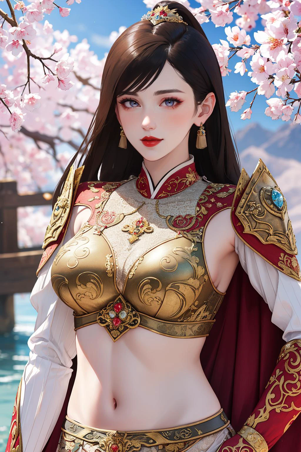 (masterpiece:1.5), (((top quality, best quality, high quality))), ((intricately detailed, ultra-detailed, insanely detailed)), highres, 32K, extremely detailed unity CG 8K wallpaper, (beautiful and aesthetic:1.2),, (depth of field:1.3), (immaculate:1.3), (delicate detailed depiction:1.4), (Studio Ghibli:1.3), (critically acclaimed:1.4), (by world-renowned artist:1.4),
(((brilliant full natural lighting, luscious vibrant colors))), (ambient volumetric backlighting:1.5),  (waist-up portrait of an immensely beautiful woman:1.3),
(upper body:1.3), (perfectly centered:1.4), (natural willowy posture:1.5), (((dynamic pose, cinematic angle))),
(1milf:1.5), (solo:1.4), (female general:1.4),
beautiful gorgeous face, [(detailed face:1.2):0.2], bright eyes, pureerosface_v1, ulzzang-6500-v1.1,  (closed mouth:1.5), (red lips:1.4), (full lips:1.4), (cute smile:1.4),
attractive flawless body, (((pronounced feminine curves))), bright glistening skin, realistic skin, skin pores, (voluptuous:1.5), (((toned belly, perfect navel, groin:1.3))), slim waist, 
chinagen, <lora:FemaleGeneralChina:0.75>, (chinese traditional clothes:1.5), (delicate long-sleeved armored top:1.5), (ornate armored loincloth :1.5), (((floral print armor))), (long sleeves:1.4), (fabrication glitters:1.5), (luxury intricate clothing jewelries:1.5), (jeweled embroideries:1.4), (clothing sparkles:1.4), (sparkling particles:1.3), (((sagging front seam, sagging hind seam))), (((earrings, circlet, hair ornaments))),
(walking solo:1.5), (on a red bridge over a small stream:1.5), (blooming cherry blossoms forest:1.5), (festive garlands:1.5), (festival decorations:1.5), (New Year's Eve fireworks:1.5), (surreal delicate background:1.5), (intricate complex scene:1.5), (magnificent mountainous landscape:1.5), (breathtakingly astounding scenery:1.5),  <lora:detail_slider_v4:1.8>, <lora:age_slider_v2:2>