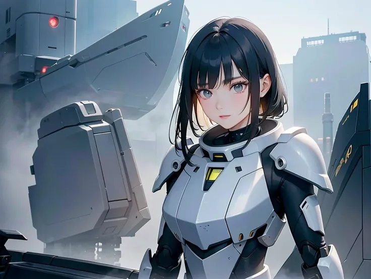 outdoor, ((upper body)), ((( wearing gray and black nano-suits)))+++, (wide hip:0.7, large breasts:0.8, perfect slender young girl body) ,Perfectly glossy skin ,25 yo mature girl, , picture of a vivid, (masterpiece:1.2),(extremely detailed),(8k:1.1),(perfect lighting,best quality,highres,original),(realistic photography:1.4) ,high detailed skin,shaded face, soft lighting, (small face),RAW, ultra highres, pores visible, , shiny_and_glossy_skin, asian beauty, (gorgeous beautiful 20 years old asian girl), ((best detailed slender body)), (asian idol, asian beauty, asian mixed), (complex, Machine background ,spaceship outdoors background, Mecha Transport parts:1.2), (dark and foggy environment:1.1), ((heavy fog environment:1.1)), (battlefield behind:1.2), <lora:JapaneseDollLikeness_v15:0.3>