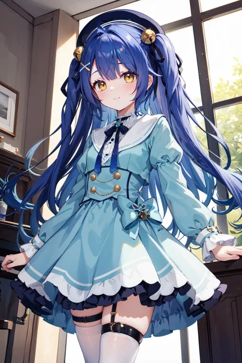 masterpiece, best quality, highres, aamya, long hair, ahoge, two side up, hair ribbon, hair bell, x hair ornament, beret, black headwear, blue dress, long sleeves, thigh strap, white thighhighs, <lora:amamiya_kokoro_v1:0.7>, from below, closed mouth, (smile:0.77),