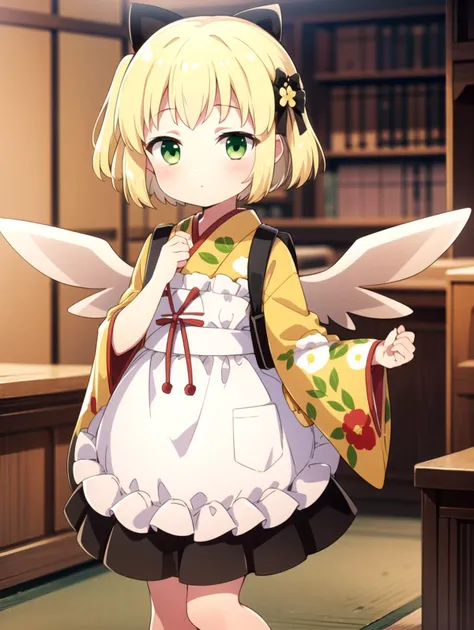 apron, Blonde, Green eyes, masterpiece, best quality, Flat, <lyco:gekka:0.8>, Yellow yukata, White wings, Black skirt
