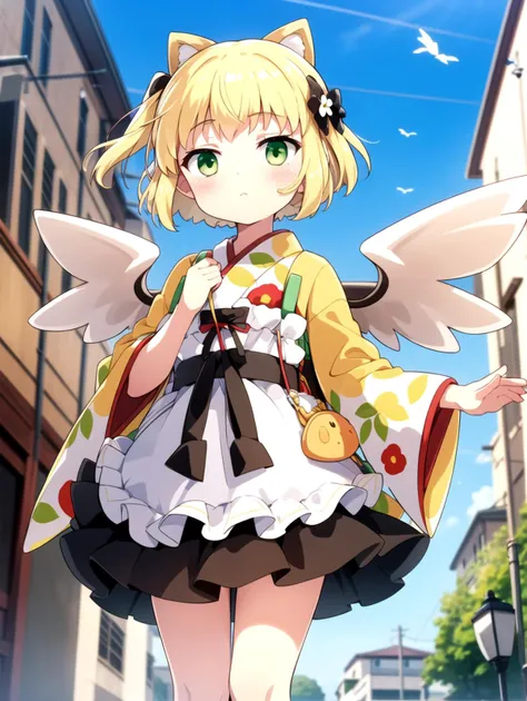 apron, Blonde, Green eyes, masterpiece, best quality, <lyco:gekka:0.8>, Yellow yukata, White wings, Black skirt