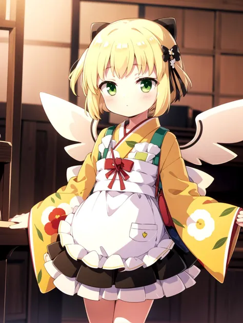 apron, Blonde, Green eyes, masterpiece, best quality, Flat, <lyco:gekka:0.8>, Yellow yukata, White wings, Black skirt