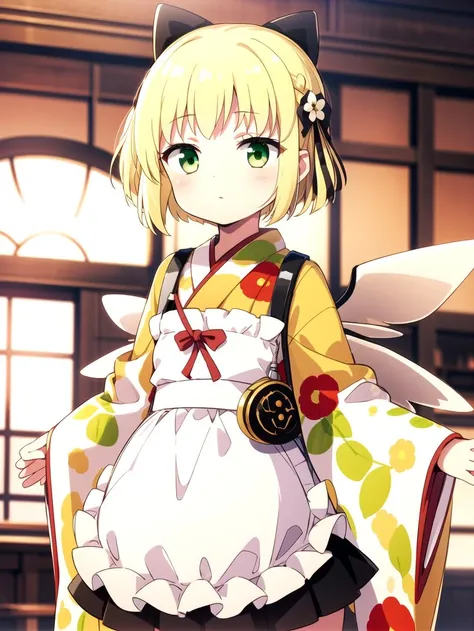apron, Blonde, Green eyes, masterpiece, best quality, Flat, <lyco:gekka:0.8>, Yellow yukata, White wings, Black skirt