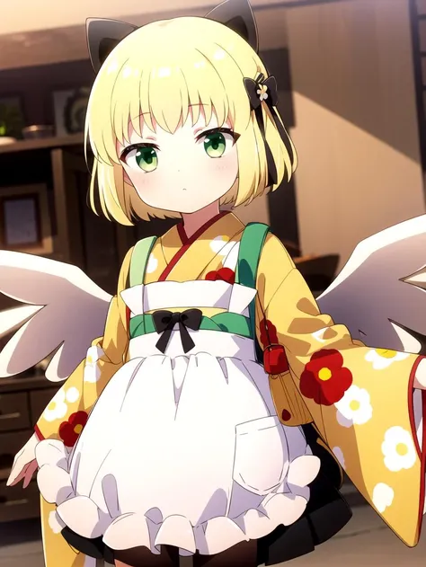 apron, Blonde, Green eyes, masterpiece, best quality, <lyco:gekka:0.8>, Yellow yukata, White wings, Black skirt
