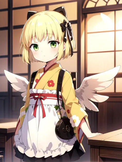 apron, Blonde, Green eyes, masterpiece, best quality, <lyco:gekka:0.7>, Yellow yukata, White wings, Black skirt