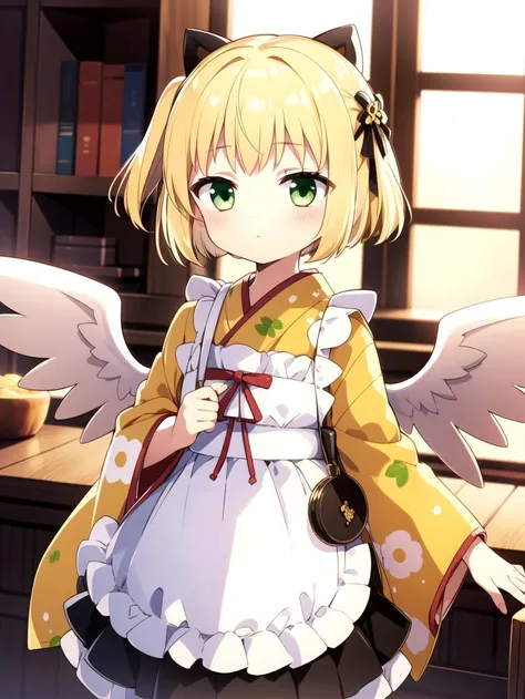 apron, Blonde, Green eyes, masterpiece, best quality, <lyco:gekka:0.7>, Yellow yukata, White wings, Black skirt