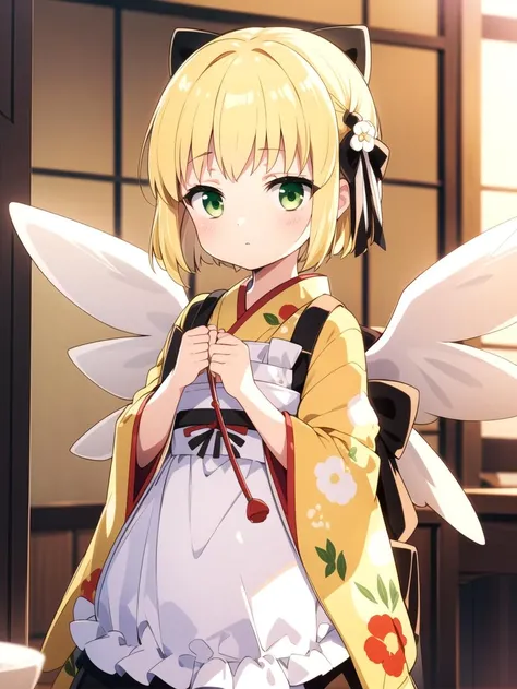 apron, Blonde, Green eyes, masterpiece, best quality, <lyco:gekka:0.7>, Yellow yukata, White wings, Black skirt