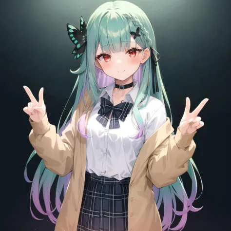 <lora:longrushiav2_last:1>, longrushia, long hair, aqua hair, gradient hair,multicolored hair, red eyes, hair ornament, black choker, white shirt, brown cardigan, sleeves past fingers, plaid skirt,1girl, solo,