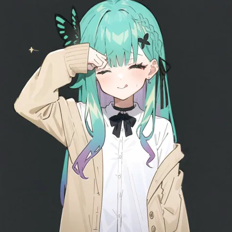 <lora:longrushiav2_last:1>, 1girl, solo, longrushia, long hair, aqua hair, gradient hair,multicolored hair, hair ornament, black choker, white shirt, brown cardigan, sleeves past fingers, plaid skirt,
<lora:LoRAKaokakushi:1>, kaokakushi, hand on own face, covering own eyes,
<lora:GoodHands-beta2:1>, nice hands, perfect hands,
<lora:teehee-10n:1>, tehepero, dojikko pose, arm up, licking lips, one eye closed, ;q, >_o, star \(symbol\), clenched hand,
(nsfw, sex:1.4),