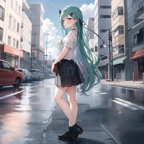 <lora:longrushiav2_last:0.8>, 1girl, solo, longrushia, long hair, aqua hair, red eyes, hair ornament, white shirt, skirt, black choker, full body, from side,
wet skin,
city, rain, cloud, sidewalk, wet shirt, wet clothes, tokyo,