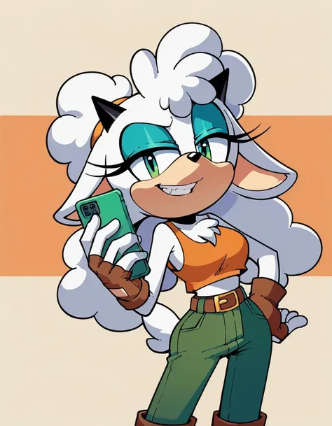 score_9, score_8_up, flat color, flat shading, 1girl, solo, lanolin the sheep, sonic (series), upper body, half-closed eyes, smug, smirk, (white body fur:1.1), wide hips, narrow waist, orange tank top, green pants, brown boots, fingerless gloves, shirt lift, hand on own hip, holding phone <lora:LanolinSDXL:0.70> <lora:Anime Style 2 SDXL_LoRA_Pony Diffusion V6 XL:1>