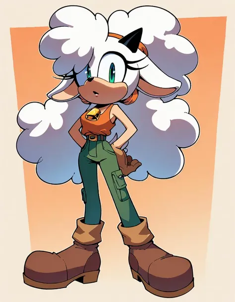 score_9, score_8_up, flat color, flat shading, 1girl, solo, lanolin the sheep, sonic (series), wide hips, narrow waist, orange tank top, green pants, brown boots <lora:LanolinSDXL:0.75> <lora:Anime Style 2 SDXL_LoRA_Pony Diffusion V6 XL:1>