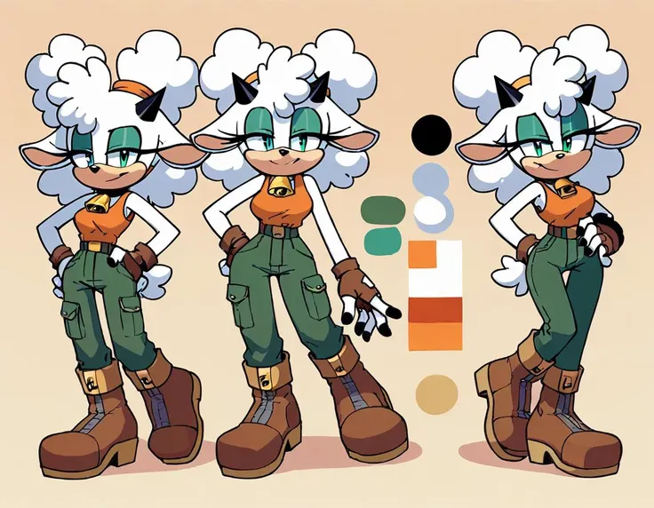 score_9, score_8_up, flat color, flat shading, 1girl, solo, lanolin the sheep, sonic (series), upper body, half-closed eyes, smug, smirk, (white body fur:1.1), wide hips, narrow waist, orange tank top, green pants, brown boots, fingerless gloves, shirt lift, hand on own hip, ref sheet, expression sheet <lora:LanolinSDXL:0.70>  <lora:Anime Style 2 SDXL_LoRA_Pony Diffusion V6 XL:1>