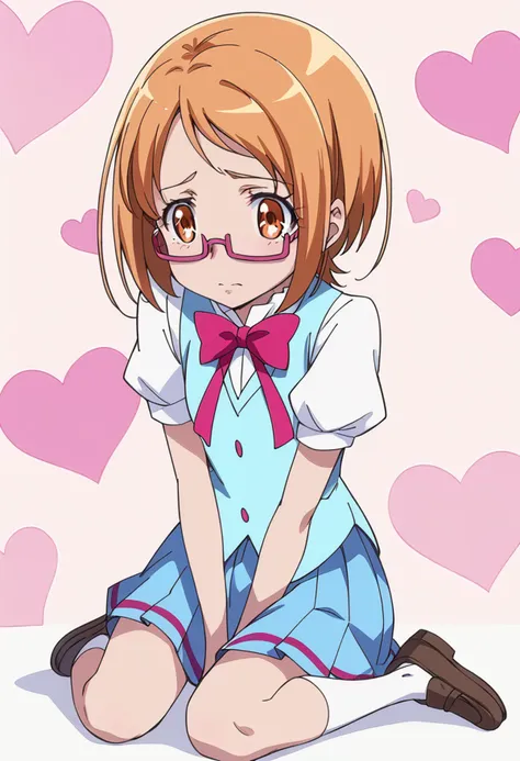 score_9, score_8_up, score_7_up, source_anime BREAK
1girl, shirabe ako, aria gakuen school uniform, short hair, brown hair, orange hair, blonde hair, eyebrows visible through hair, eyelashes, under-rim eyewear, pink-framed eyewear, purple-framed eyewear, brown eyes, orange eyes, blue vest, white shirt, puffy short sleeves, blue skirt, miniskirt, pleated skirt, bowtie, pink bow, socks, white legwear, loafers, brown footwear, heart background, embarrassed, sitting, kneeling,
<lora:suite_precure_all_in_one_sdxl_locon_pony_v1:0.7>