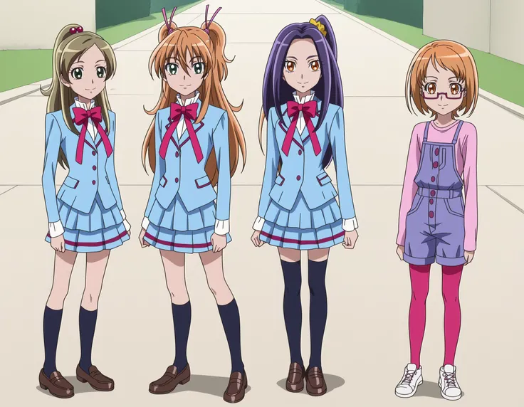 <lora:suite_precure_all_in_one_sdxl_locon_pony_v1>,
smile,looking at viewer,
4girls,
minamino kanade,aria gakuen school uniform,brown hair,blonde hair,long hair,half updo,ponytail,eyelashes,green eyes,hair bobbles,blue shirt,blue jacket,blazer,white shirt,long sleeves,pink neckwear,pink bow,bowtie,blue skirt,miniskirt,socks,black legwear,loafers,brown footwear,
full body,standing,
outdoors,
BREAK
smile,looking at viewer,
4girls,
houjou hibiki,aria gakuen school uniform,two side up,half updo,brown hair,orange hair,blonde hair,hair between eyes,long hair,eyelashes,eyebrows visible through hair,blue eyes,hair ribbon,pink ribbon,blue shirt,blue jacket,blazer,white shirt,long sleeves,pink neckwear,pink bow,bowtie,blue skirt,miniskirt,socks,black legwear,loafers,brown footwear,
full body,standing,
outdoors,
BREAK
smile,looking at viewer,
4girls,
kurokawa eren,aria gakuen school uniform,purple hair,long hair,one side up,side ponytail,parted bangs,yellow eyes,eyelashes,hair scrunchie,yellow scrunchie,blue shirt,blue jacket,blazer,white shirt,long sleeves,pink neckwear,pink bow,bowtie,blue skirt,miniskirt,socks,black legwear,loafers,brown footwear,
full body,standing,
outdoors,
BREAK
smile,looking at viewer,
4girls,
shirabe ako,short hair,brown hair,orange hair,blonde hair,eyebrows visible through hair,eyelashes,under-rim eyewear,pink-framed eyewear,purple-framed eyewear,brown eyes,orange eyes,overalls,buttons,pink shirt,long sleeves,overall shorts,socks,pink legwear,sneakers,white footwear,
full body,standing,
outdoors,