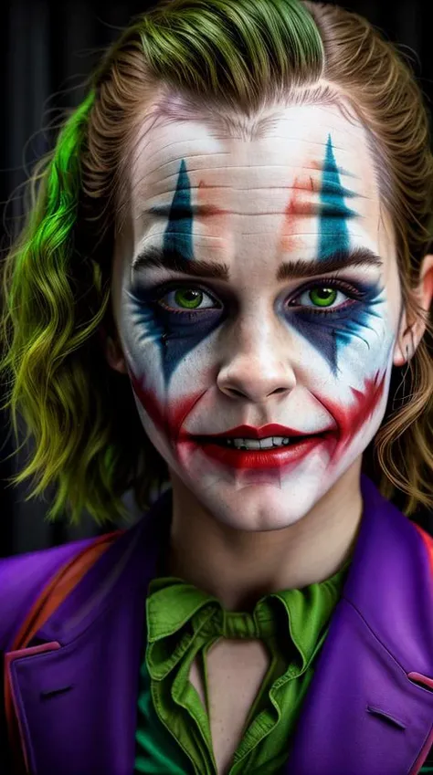 Hyperrealistic art photo portrait of (young Emma Watson as (Joker as Hulk)), (angry:1.4), diffuse lighting, natural soft colors, hyper-realistic, film grain, highly detailed . Extremely high-resolution details, photographic, realism pushed to extreme, fine texture, incredibly lifelike