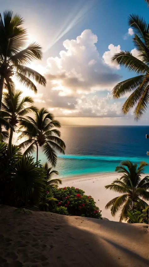 overlooking beautiful tropical island beach view, (volumetric lighting), (dynamic lighiting), godrays, Rembrandt lighting, real shadows, intricate detail, photorealistic, photograph, photo, dlsr, Fuji Film, extremely high detail, detailed skin texture, (blush:0.2), (goosebumps:0.3), subsurface scattering
