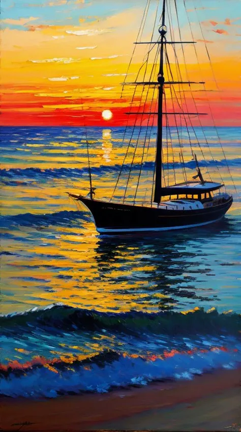 Impressionist oil painting on an old canvas, sunset on the beach , yatch on the sea, energetic strokes, black and bronze palette, fine and detailed strokes