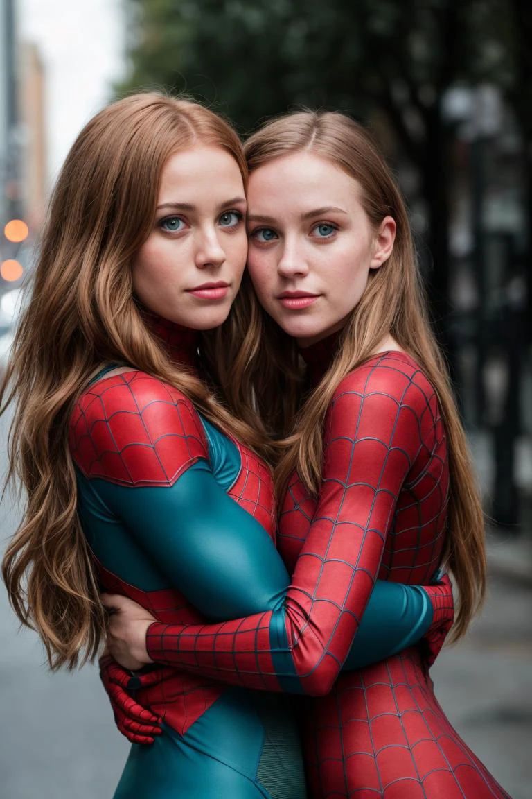 RAw photo, 2girls, wearing spiderman costume, smooching, green eyes, blonde, redhead, brunette, <lora:PA7_Beautify2:0.1> PA7_Photo -FL