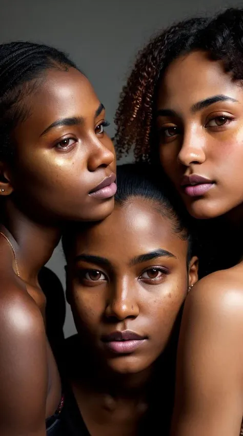 A stunning intricate full color portrait of young threesome (different skin colors) random ladyes, frontal view, atmospheric scene, masterpiece, best quality, (detailed beautiful face, detail skin texture, ultra-detailed body:1.1), sharp focus, natural lighting, subsurface scattering, film grain,