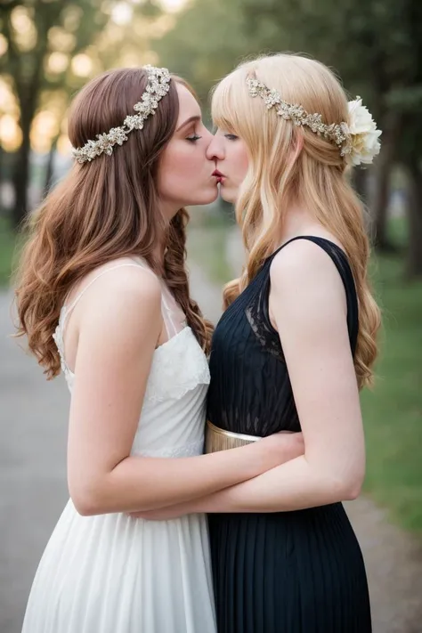 RAw photo, 2girls, wearing flapper dress, smooching, blue eyes, blonde, redhead, brunette, <lora:PA7_Beautify2:0.1> PA7_Photo -FL