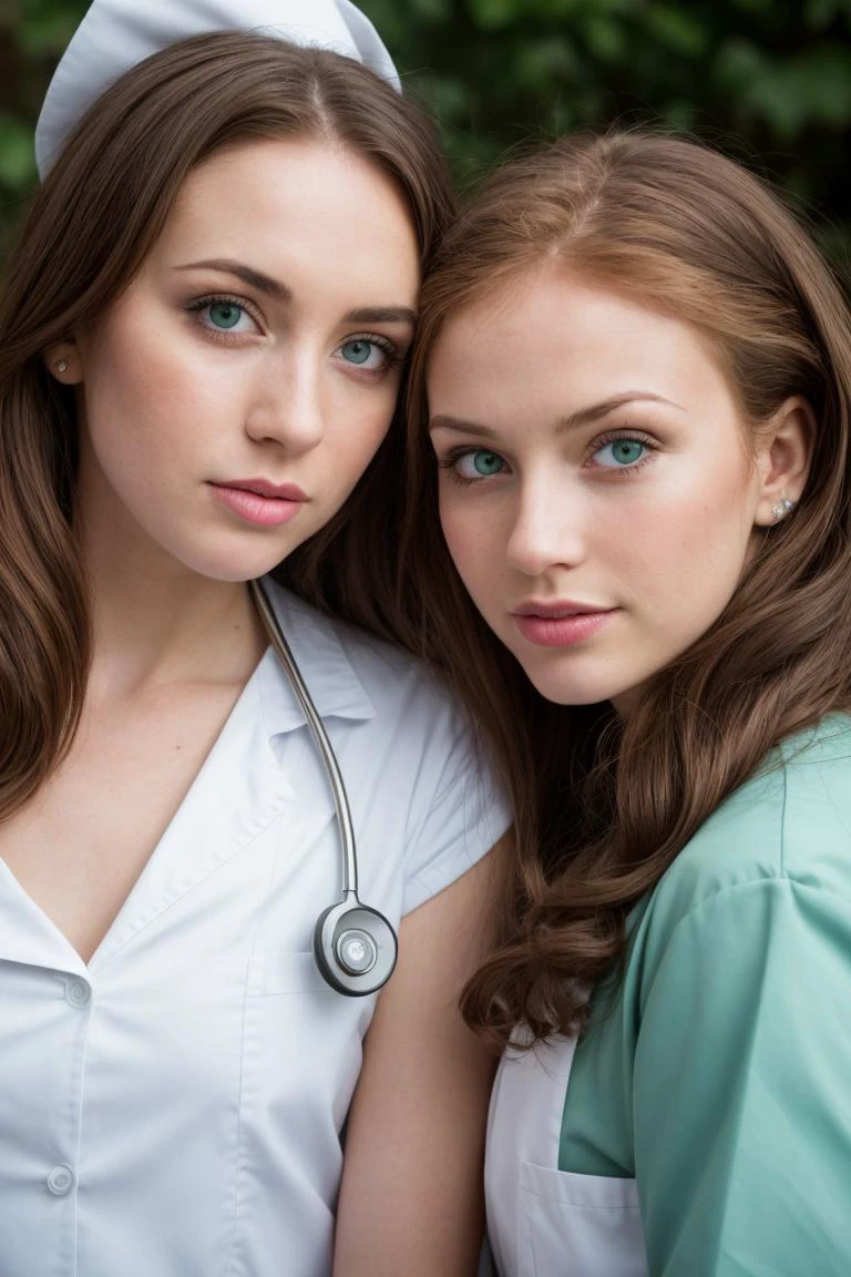 RAw photo, 2girls, wearing nurse costume, smooching, green eyes, blonde, redhead, brunette, <lora:PA7_Beautify2:0.1> PA7_Photo -FL