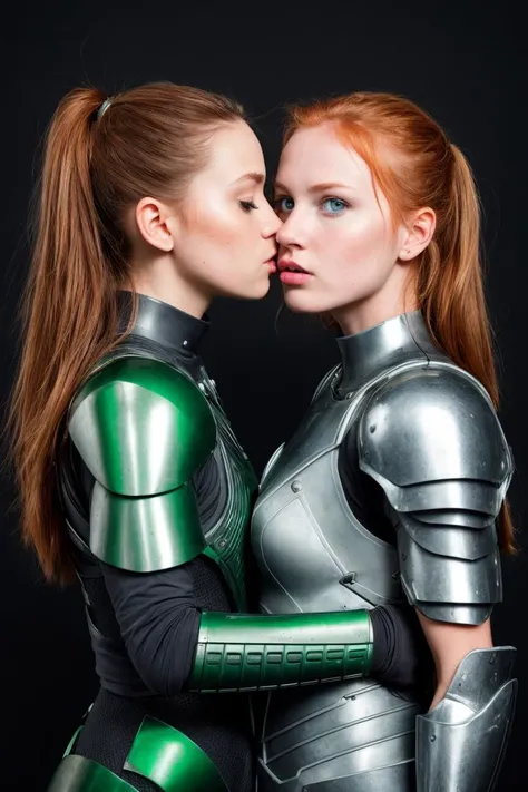 RAw photo, 2girls, wearing sci-fi battle-armor, smooching, green eyes, blonde, redhead, brunette, <lora:PA7_Beautify2:0.1> PA7_Photo -FL