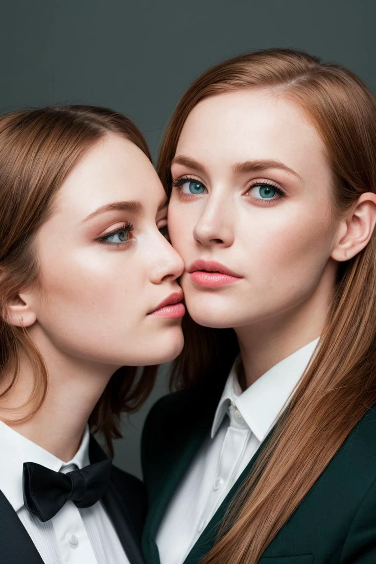 RAw photo, 2girls, wearing suit and tie, smooching, green eyes, blonde, redhead, brunette, <lora:PA7_Beautify2:0.1> PA7_Photo -FL