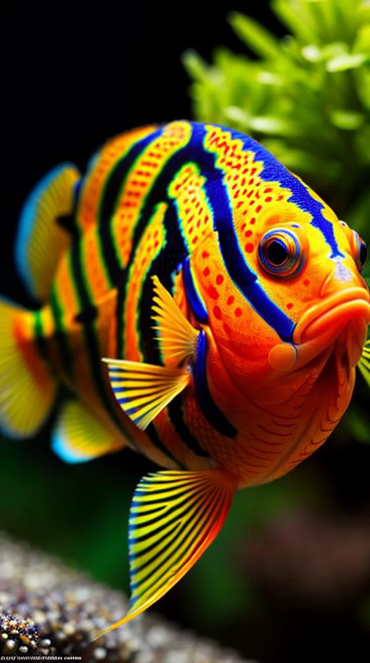 realistic photo of a Mandarin fish, yellow lines, dramatic patterns, highly detailed, bokeh, vibrant colors