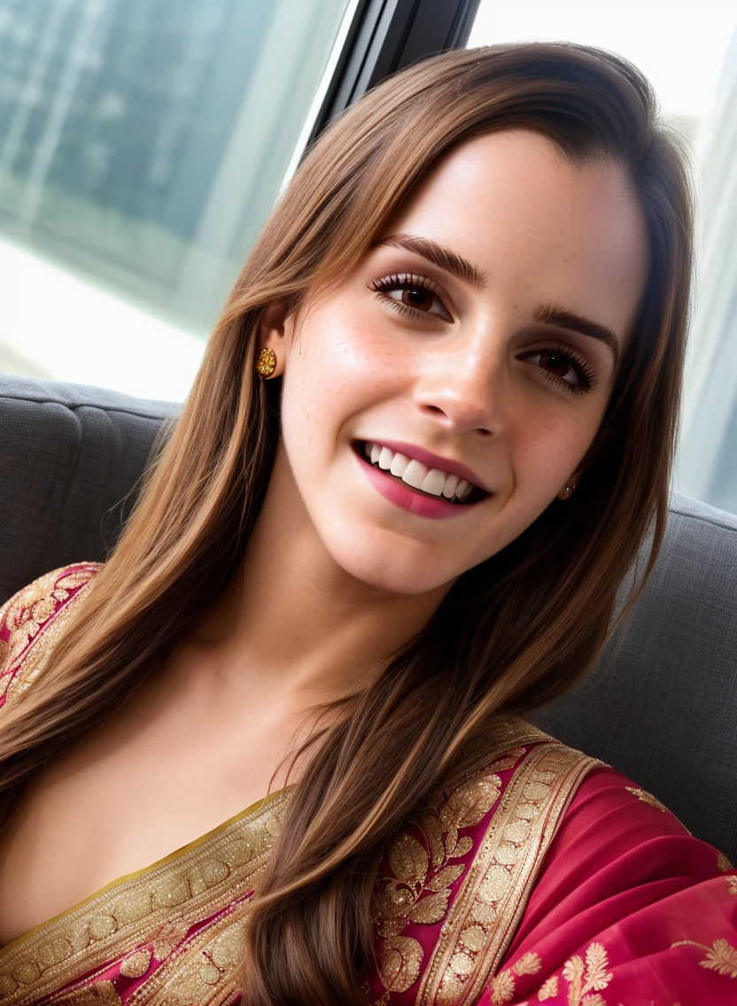 1girl, Emma Watson, saree, selfie, sofa set, window, depth of field, happy, [[open mouth]]